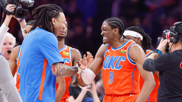 Jan 23, 2024; Oklahoma City, Oklahoma, USA; Oklahoma City Thunder forward Jaylin Williams (6) and Oklahoma City Thunder forward Jalen Williams (8) celebrates after their team defeated the Portland Trail Blazers during the second half at Paycom Center.